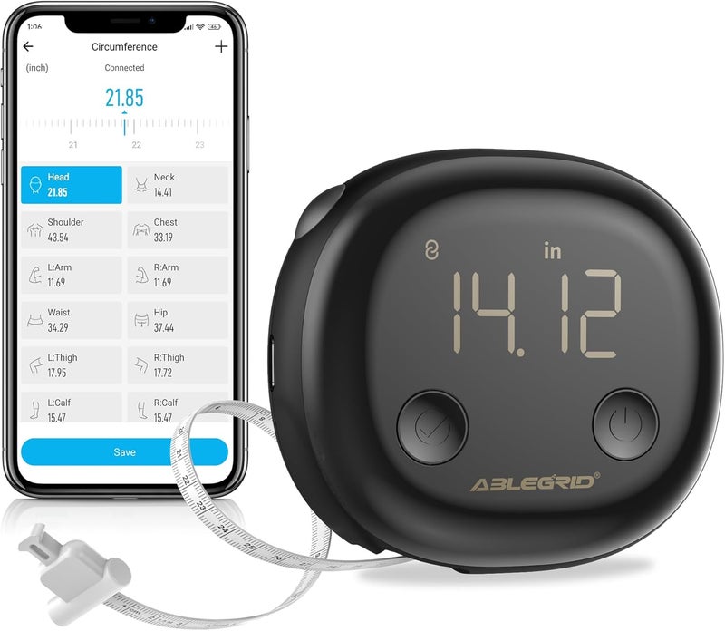 Ablegrid Smart Body Tape Measure,Rechargeable Body Measuring Tape with Fitdays APP,Accurate Retractable Digital Body Measurement Device Tool for Muscle Gain,Weight Loss,Fitness,Locking,60in/150cm - Image 1